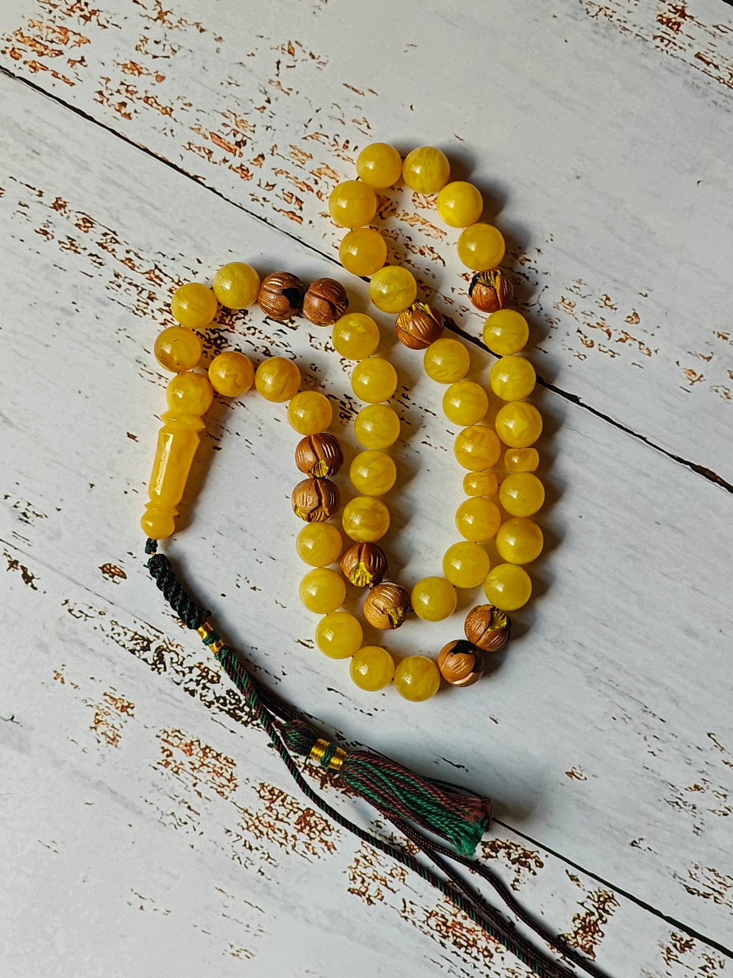 Natural Butterscotch Amber and Hand Carved and Hand Painted Peach Wood Tasbih 45 Beads