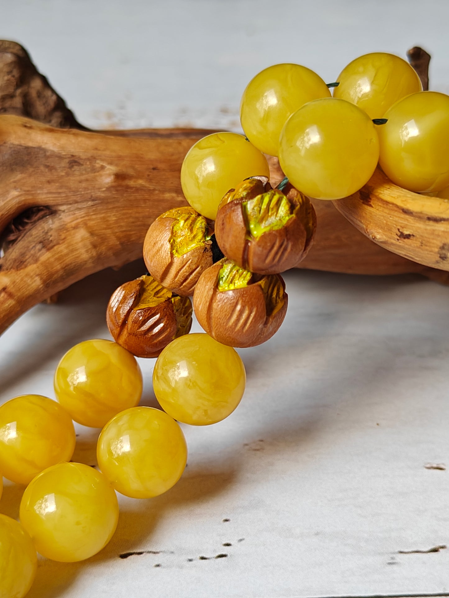 Natural Butterscotch Amber and Hand Carved and Hand Painted Peach Wood Tasbih 45 Beads