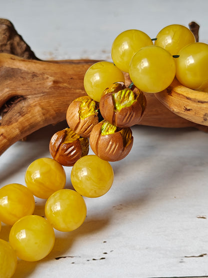 Natural Butterscotch Amber and Hand Carved and Hand Painted Peach Wood Tasbih 45 Beads
