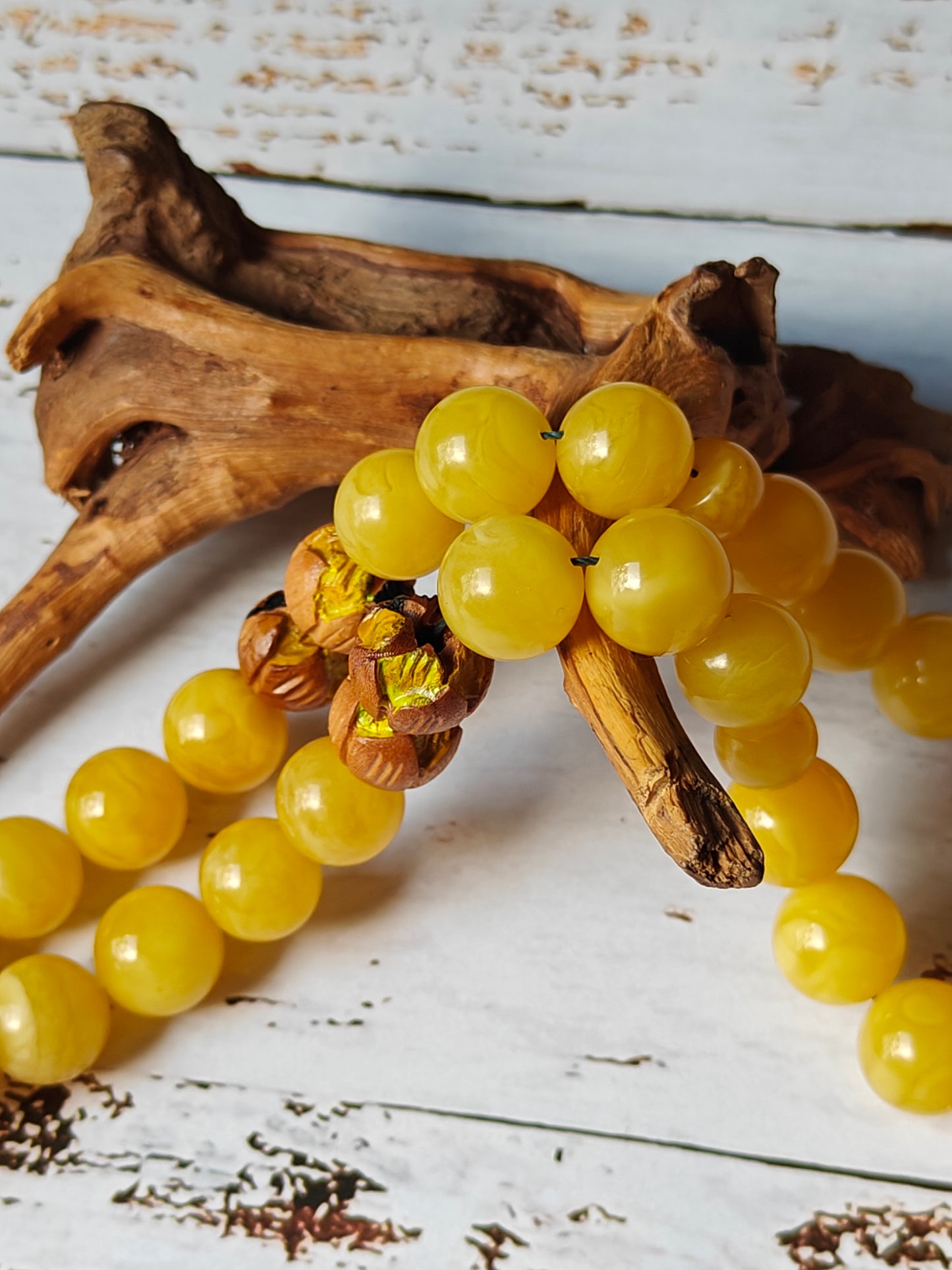 Natural Butterscotch Amber and Hand Carved and Hand Painted Peach Wood Tasbih 45 Beads