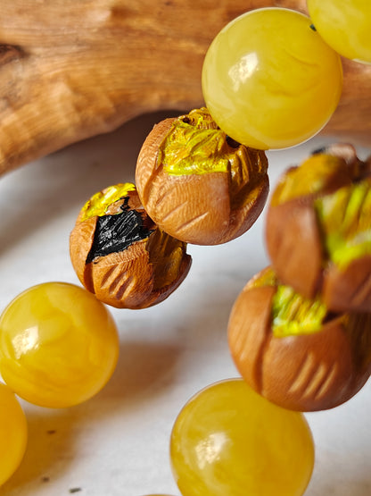 Natural Butterscotch Amber and Hand Carved and Hand Painted Peach Wood Tasbih 45 Beads