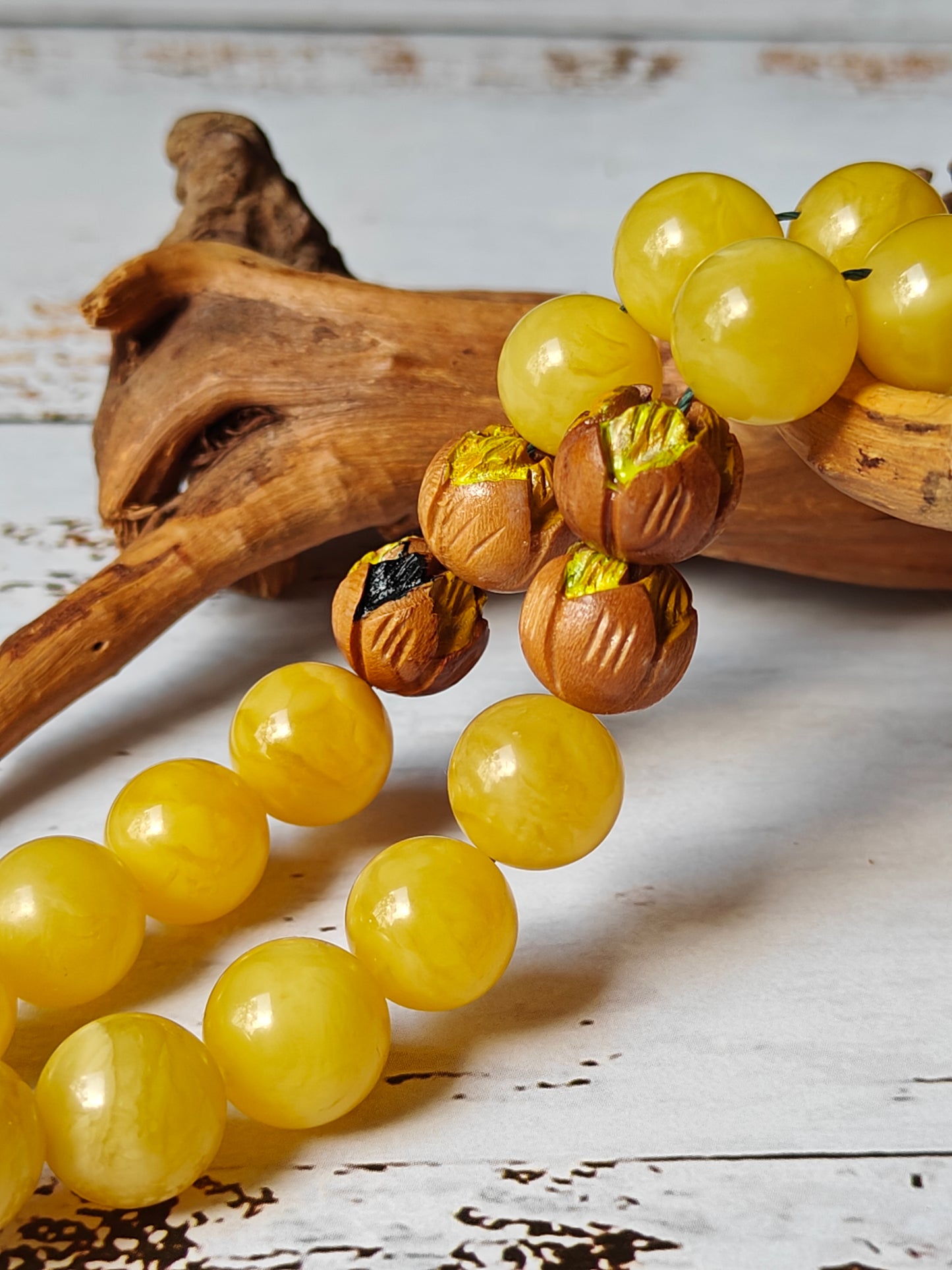 Natural Butterscotch Amber and Hand Carved and Hand Painted Peach Wood Tasbih 45 Beads