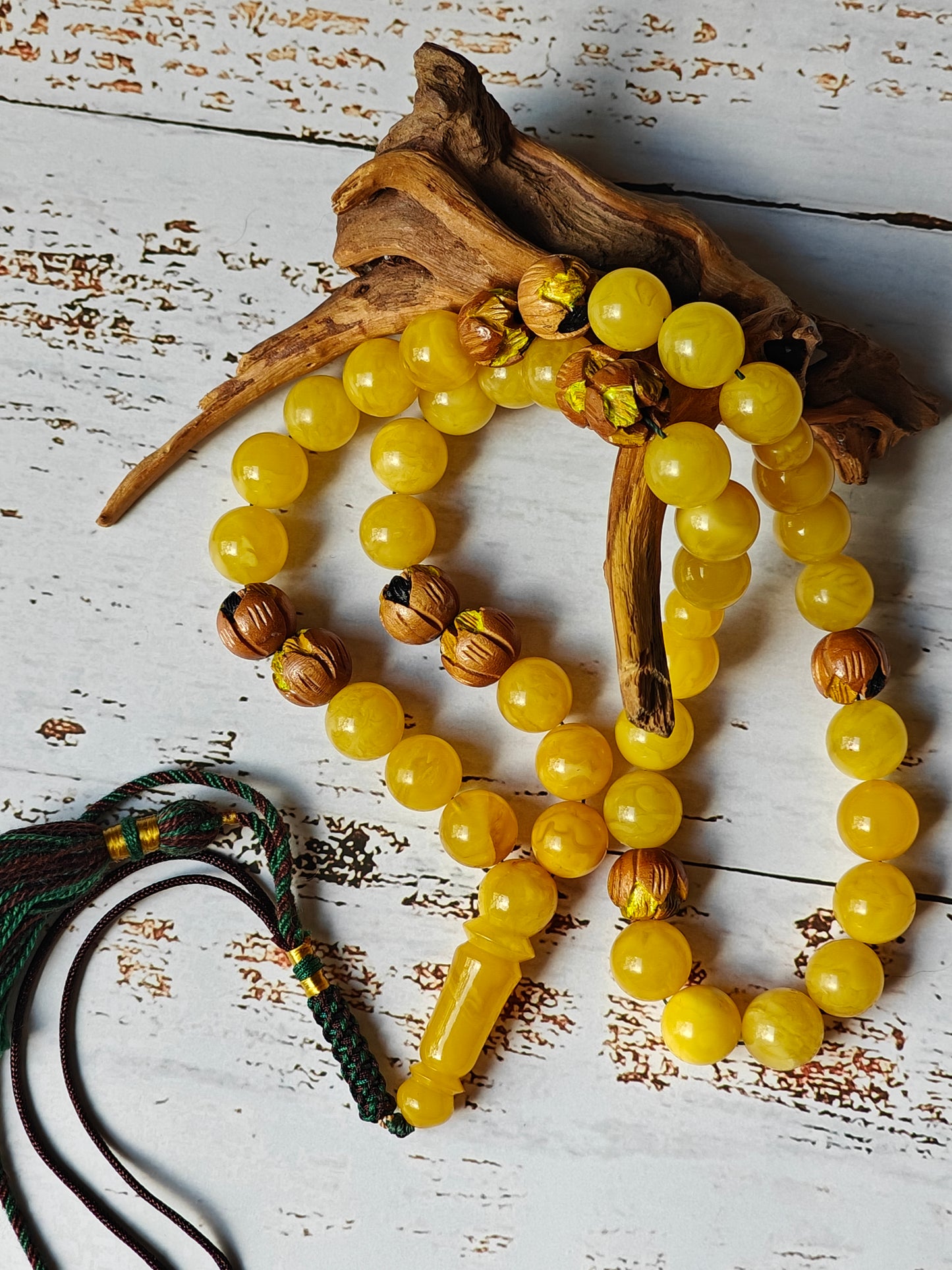 Natural Butterscotch Amber and Hand Carved and Hand Painted Peach Wood Tasbih 45 Beads