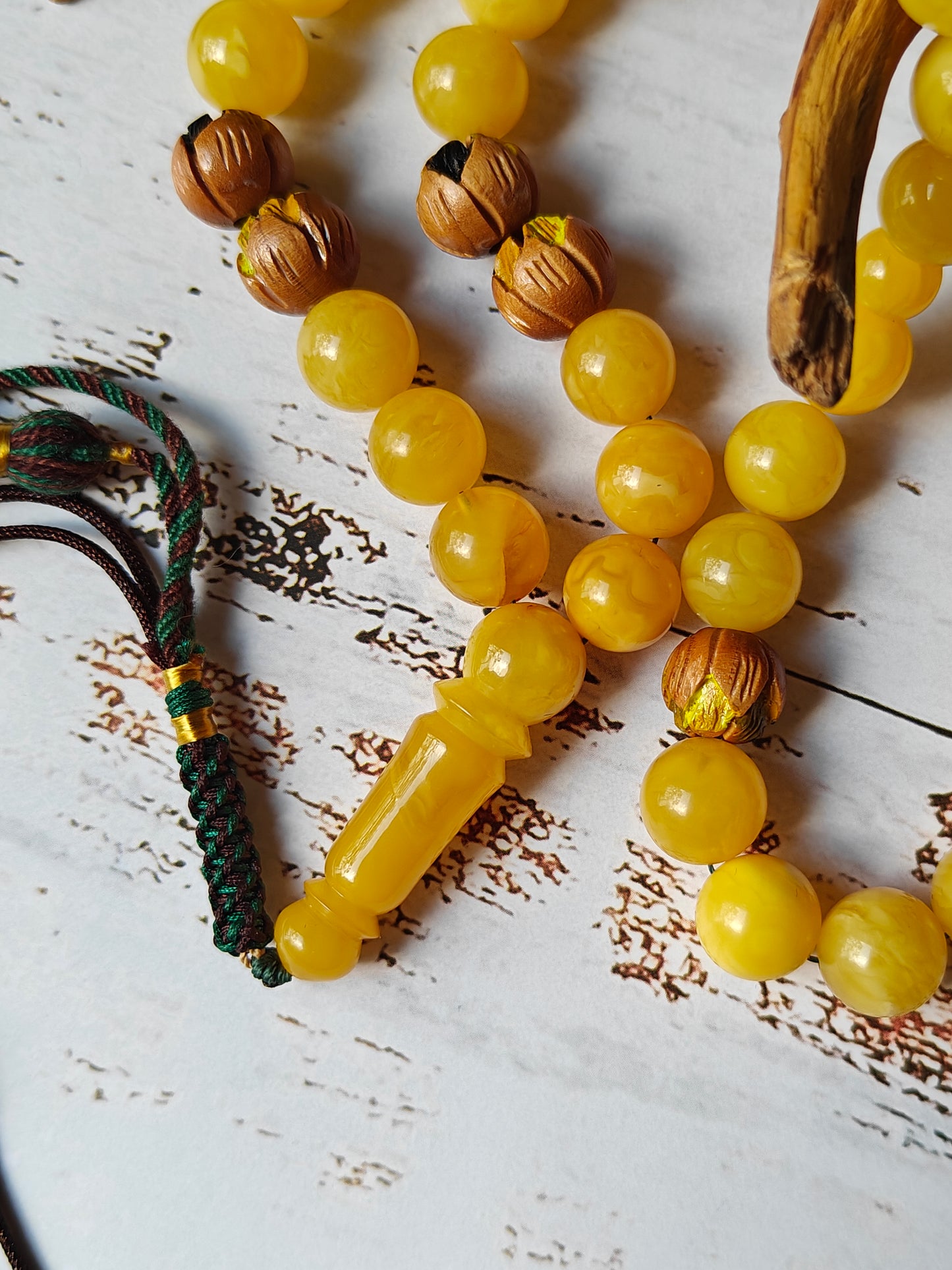 Natural Butterscotch Amber and Hand Carved and Hand Painted Peach Wood Tasbih 45 Beads