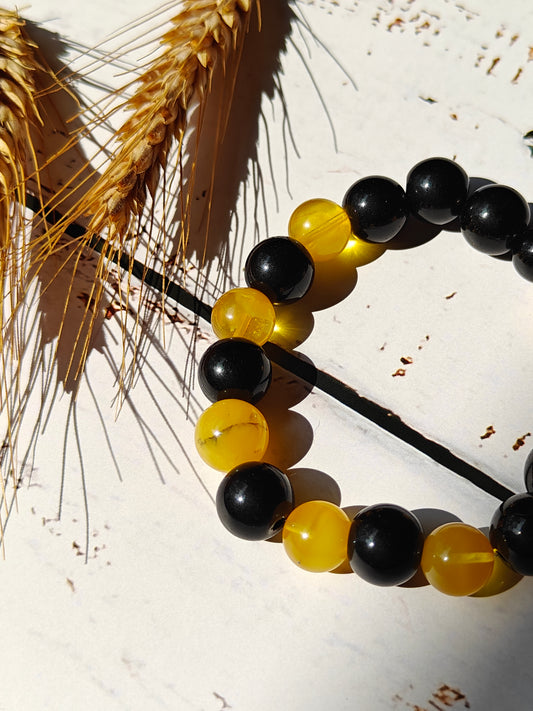 Black Onyx and Cloudy Baltic Amber Beaded Bracelet