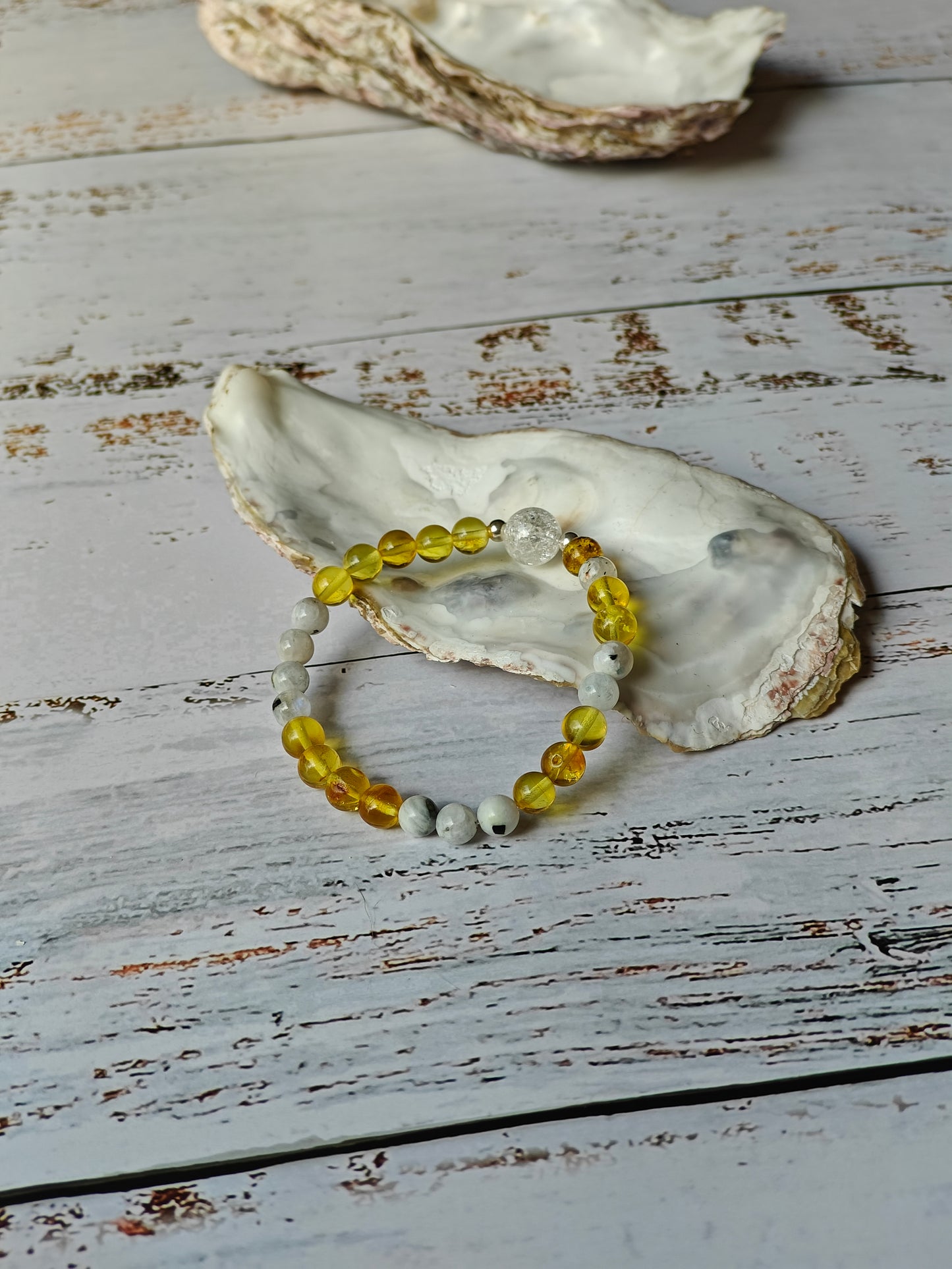 Unique Citron Amber, Moonstones and Mountain Crystal Beaded Bracelet with 925 Silver