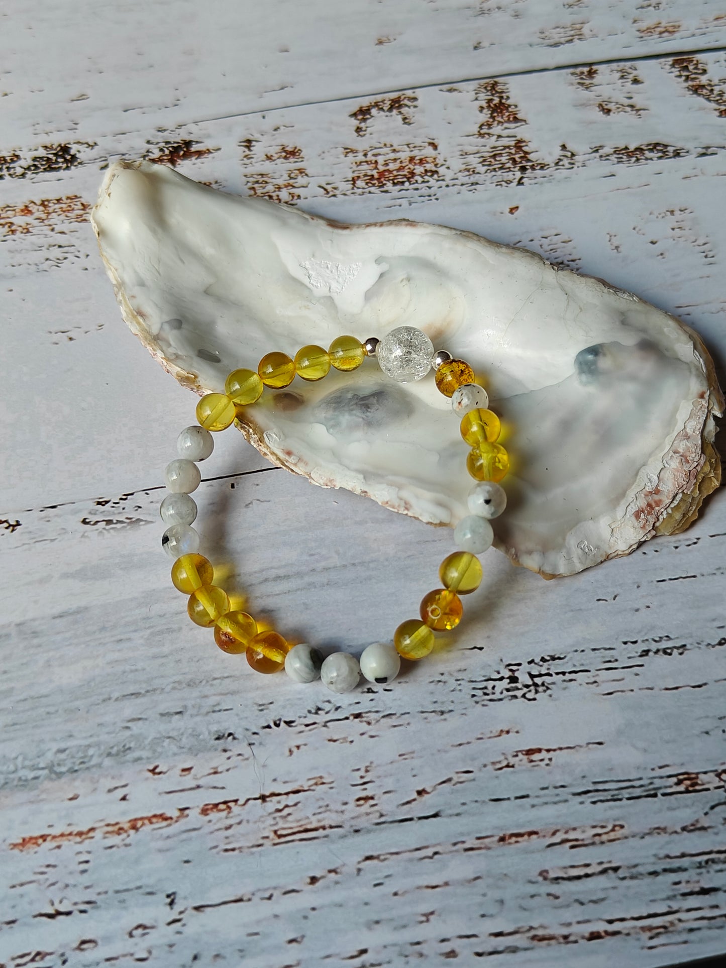 Unique Citron Amber, Moonstones and Mountain Crystal Beaded Bracelet with 925 Silver