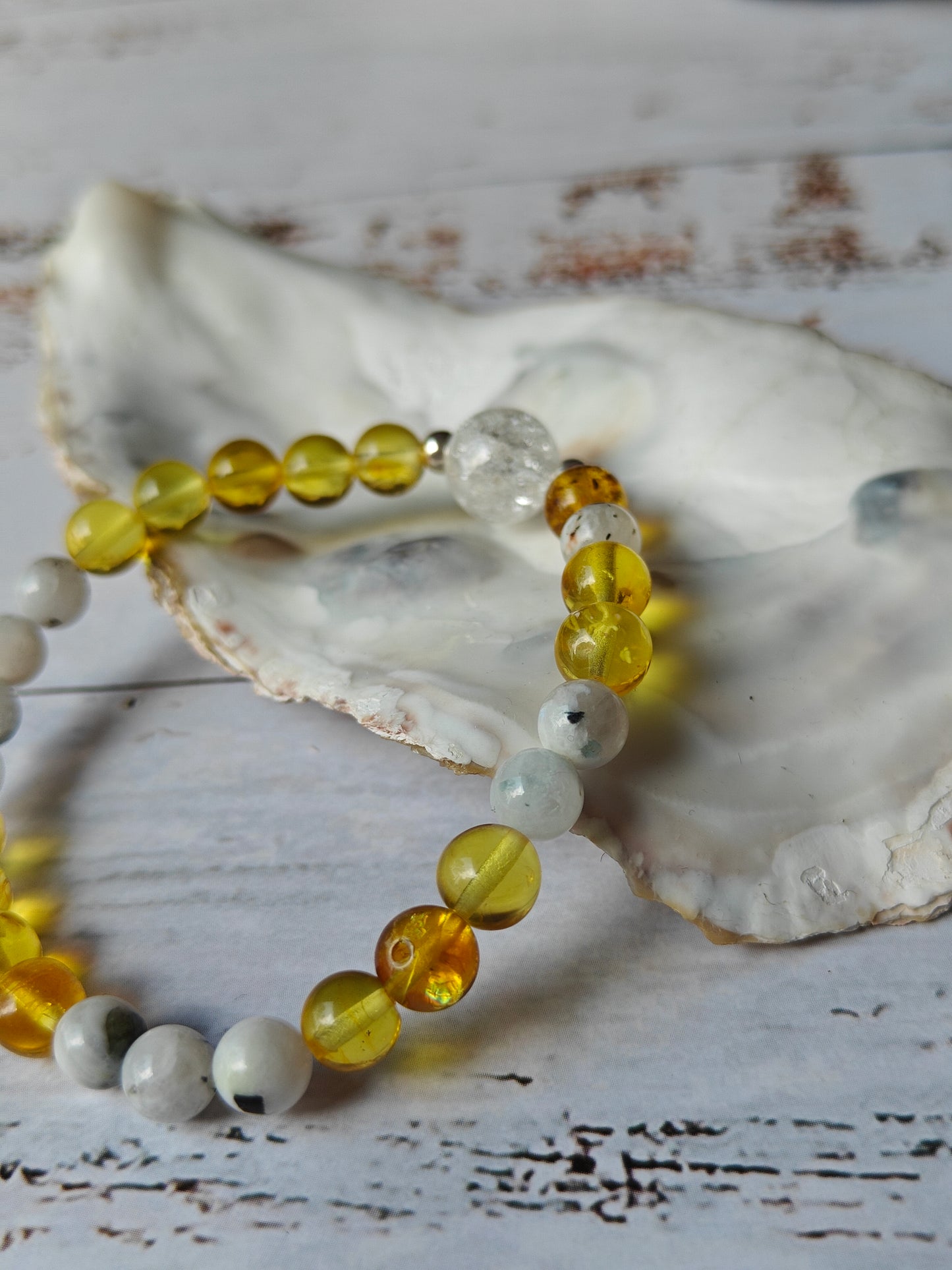 Unique Citron Amber, Moonstones and Mountain Crystal Beaded Bracelet with 925 Silver