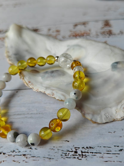 Unique Citron Amber, Moonstones and Mountain Crystal Beaded Bracelet with 925 Silver