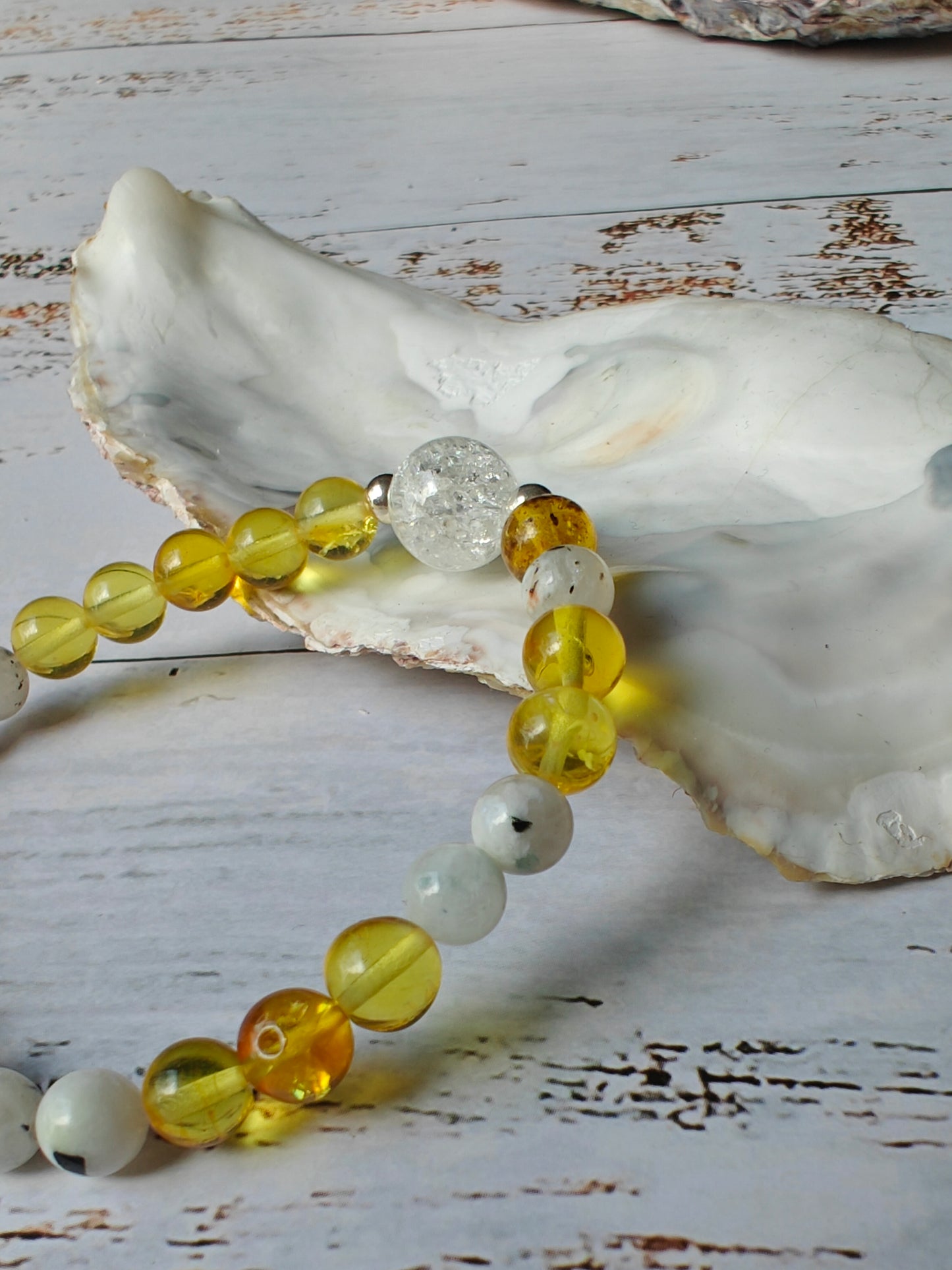 Unique Citron Amber, Moonstones and Mountain Crystal Beaded Bracelet with 925 Silver