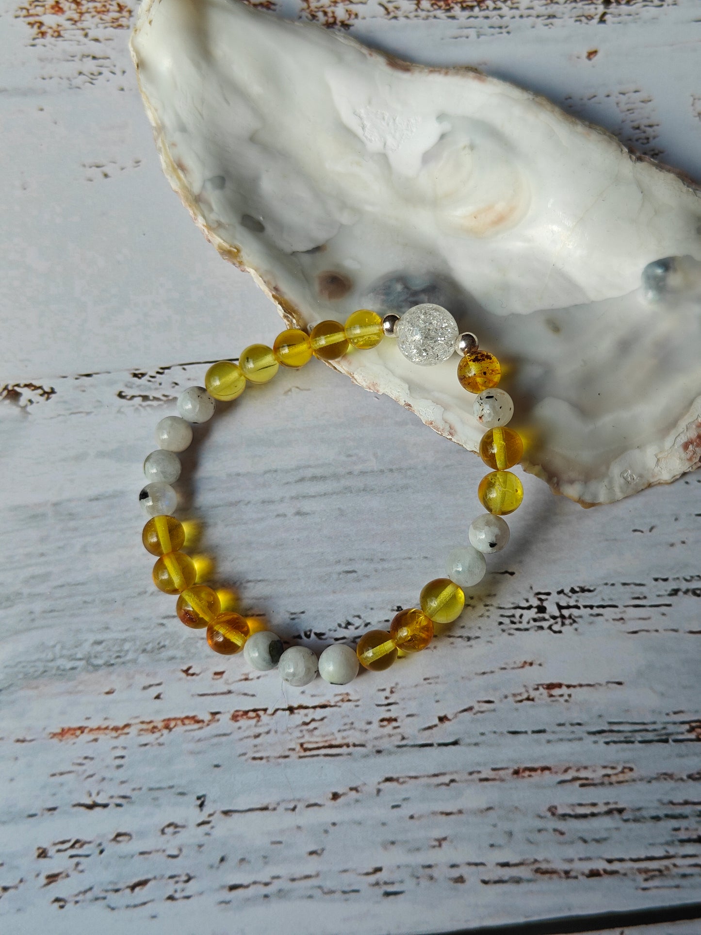 Unique Citron Amber, Moonstones and Mountain Crystal Beaded Bracelet with 925 Silver