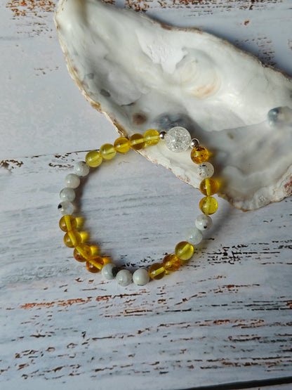 Unique Citron Amber, Moonstones and Mountain Crystal Beaded Bracelet with 925 Silver