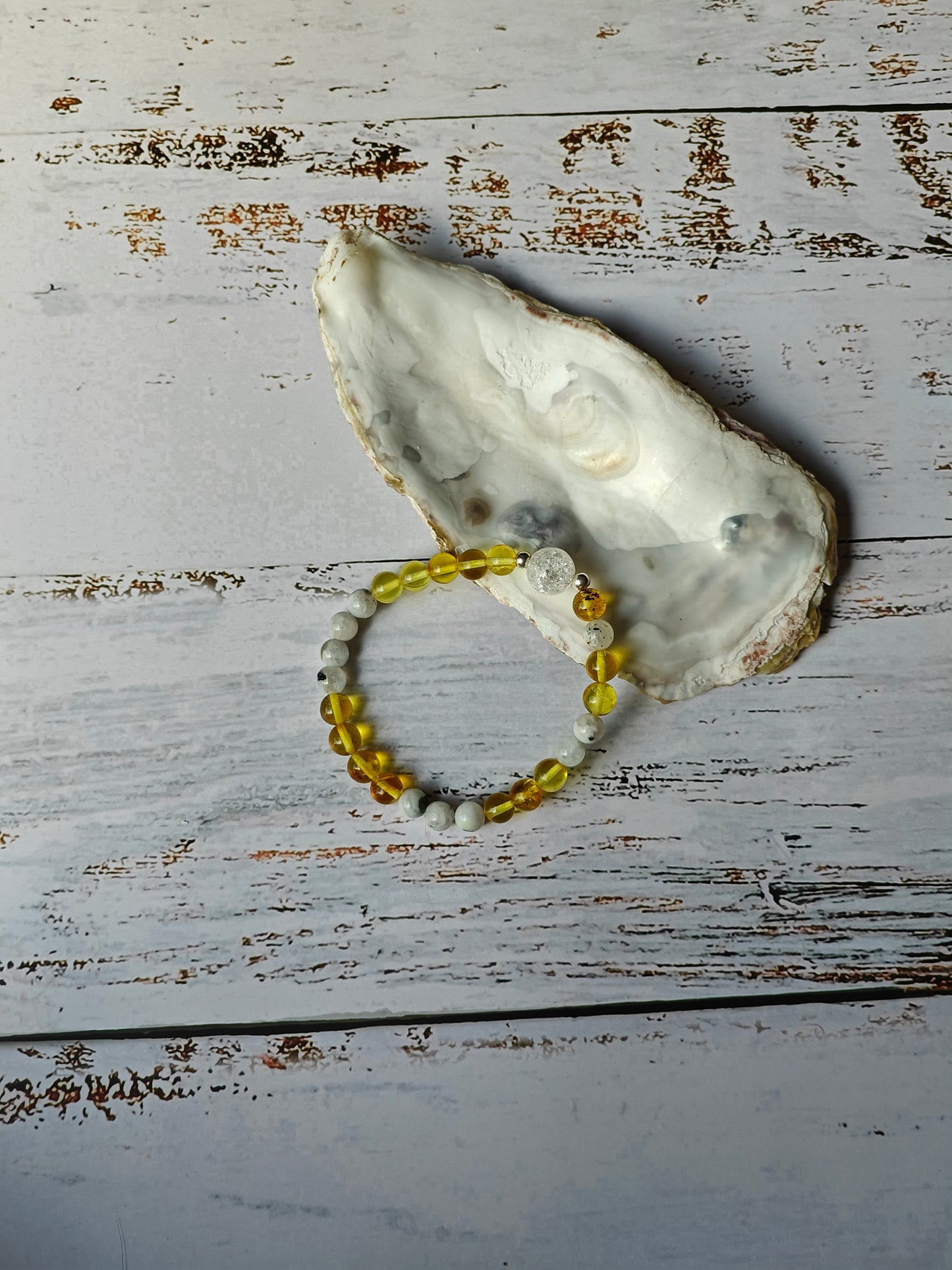 Unique Citron Amber, Moonstones and Mountain Crystal Beaded Bracelet with 925 Silver