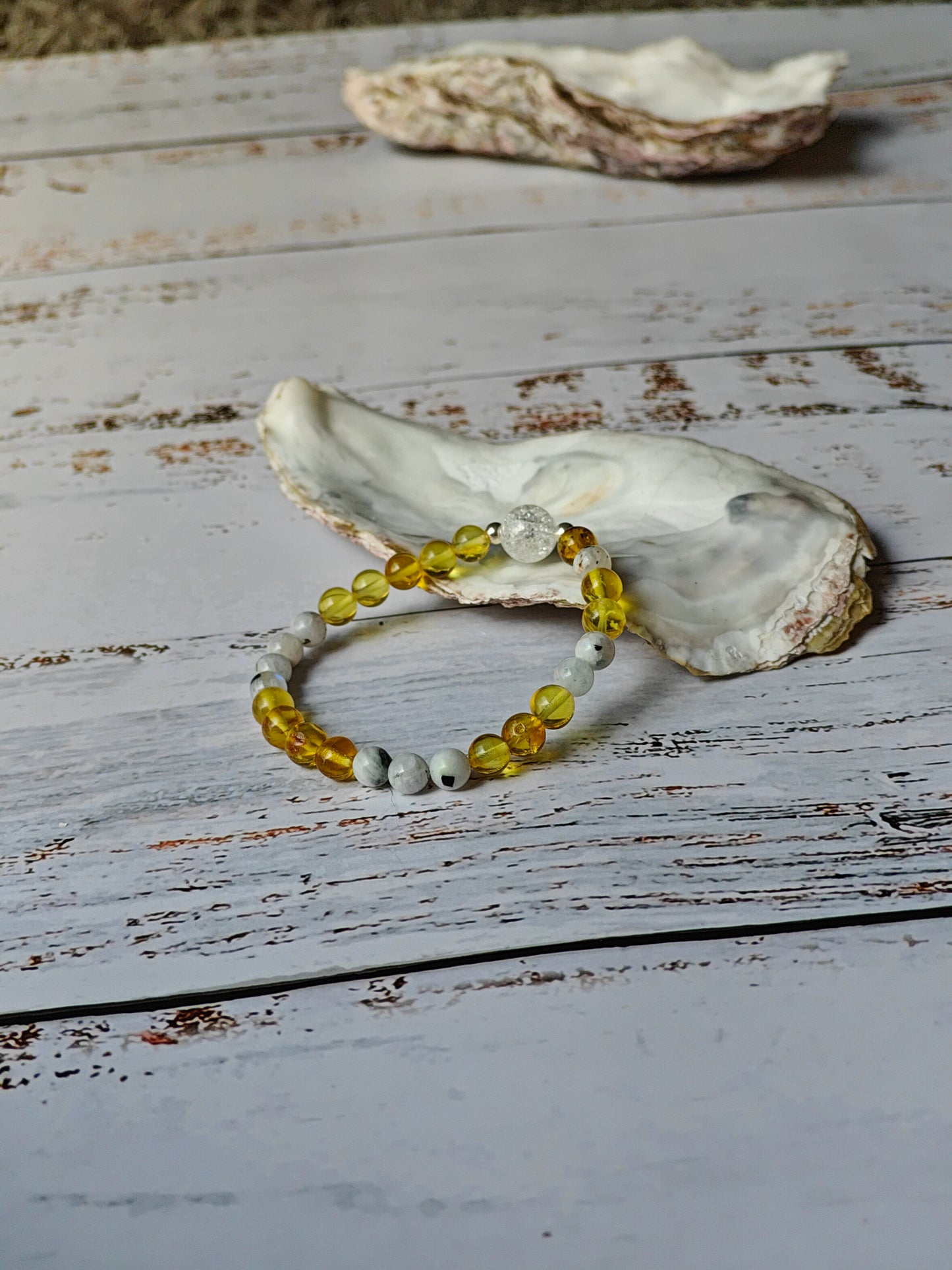 Unique Citron Amber, Moonstones and Mountain Crystal Beaded Bracelet with 925 Silver