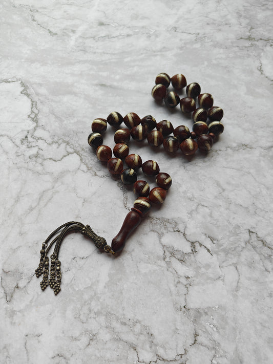 Large Antique Kokka Seed Tasbih with Seashell and Silver Engravings 33 Beads