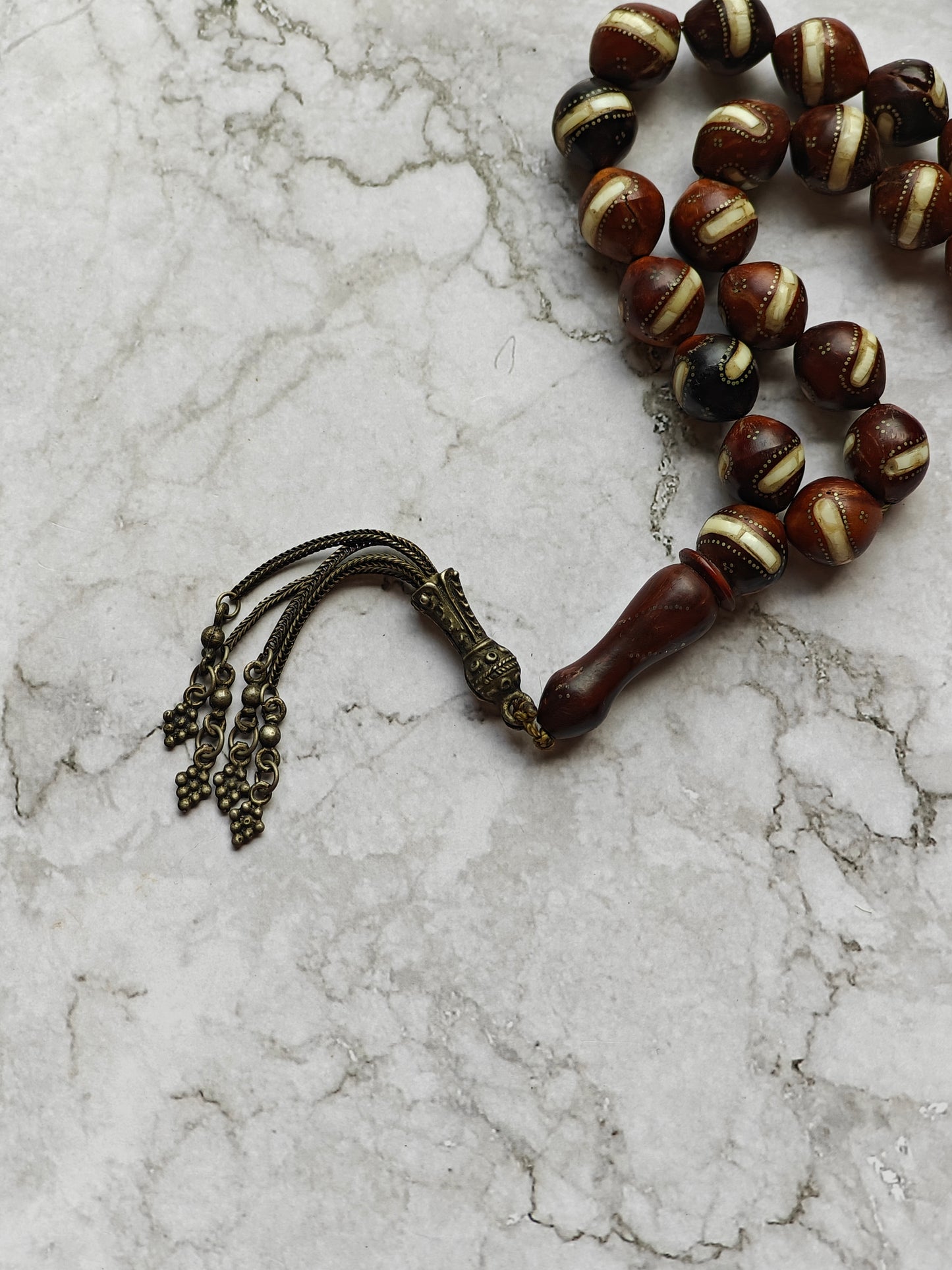 Large Antique Kokka Seed Tasbih with Seashell and Silver Engravings 33 Beads