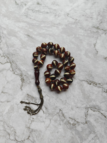 Large Antique Kokka Seed Tasbih with Seashell and Silver Engravings 33 Beads