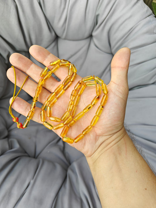 Natural Citron Amber Tasbih with Insect Inclusions – 45 Beads