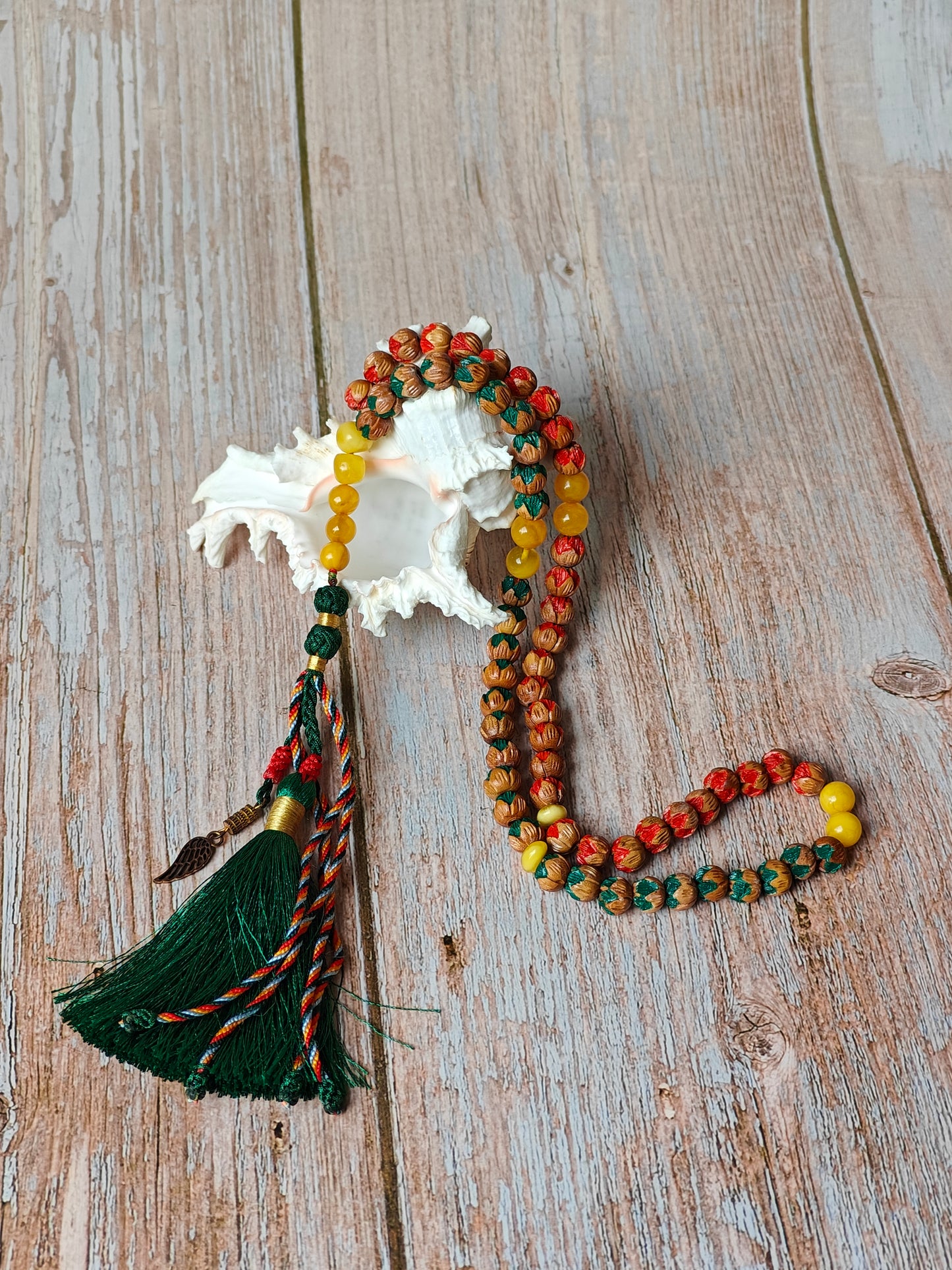 Handcarved Cherry Wood & Aged Butterscotch Amber Tasbih – 66 Beads