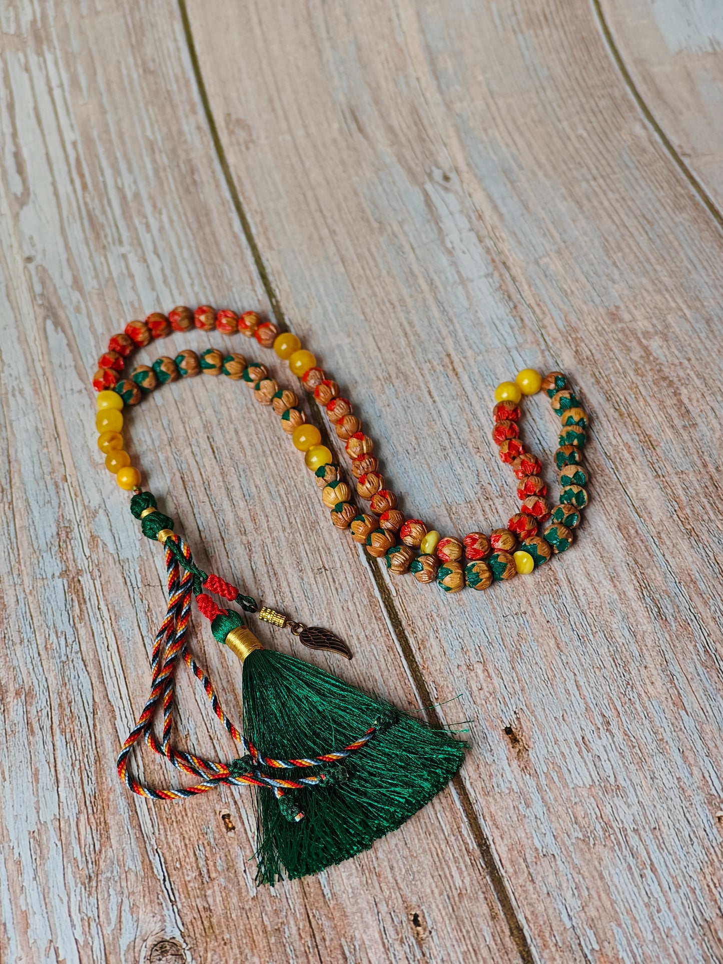 Handcarved Cherry Wood & Aged Butterscotch Amber Tasbih – 66 Beads