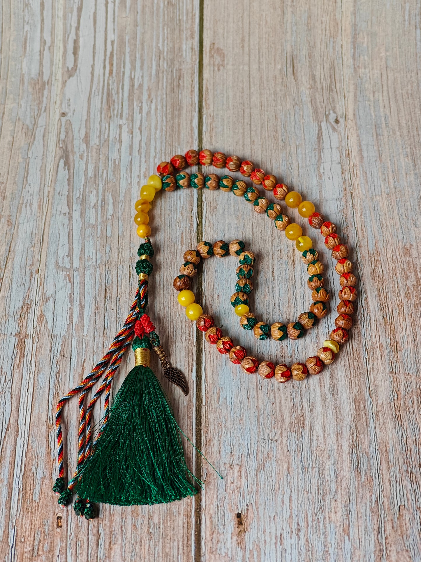 Handcarved Cherry Wood & Aged Butterscotch Amber Tasbih – 66 Beads