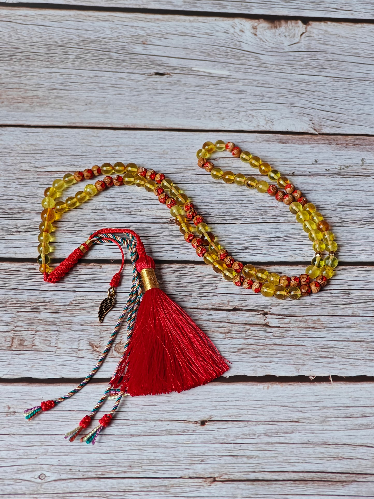 Handpainted Red Cherry Wood & Citron Amber Tasbih – 99 Beads