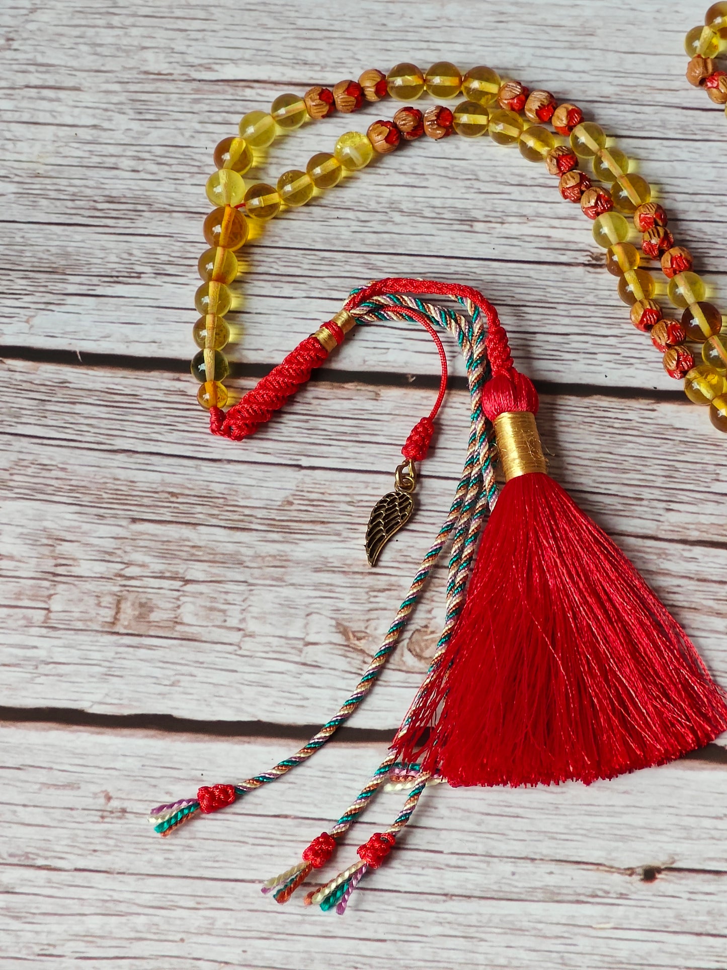 Handpainted Red Cherry Wood & Citron Amber Tasbih – 99 Beads