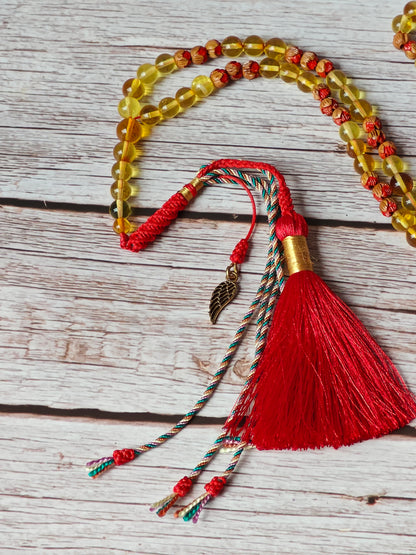 Handpainted Red Cherry Wood & Citron Amber Tasbih – 99 Beads