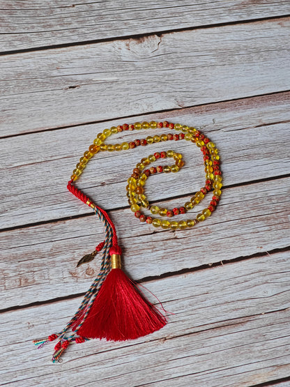 Handpainted Red Cherry Wood & Citron Amber Tasbih – 99 Beads