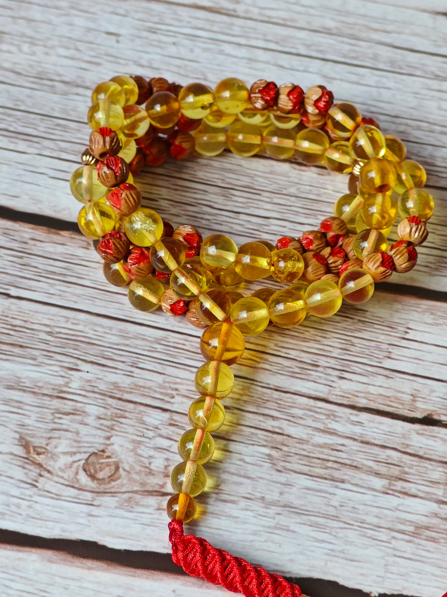Handpainted Red Cherry Wood & Citron Amber Tasbih – 99 Beads
