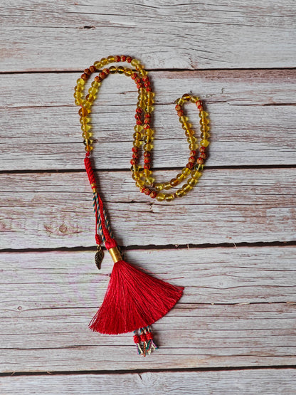 Handpainted Red Cherry Wood & Citron Amber Tasbih – 99 Beads