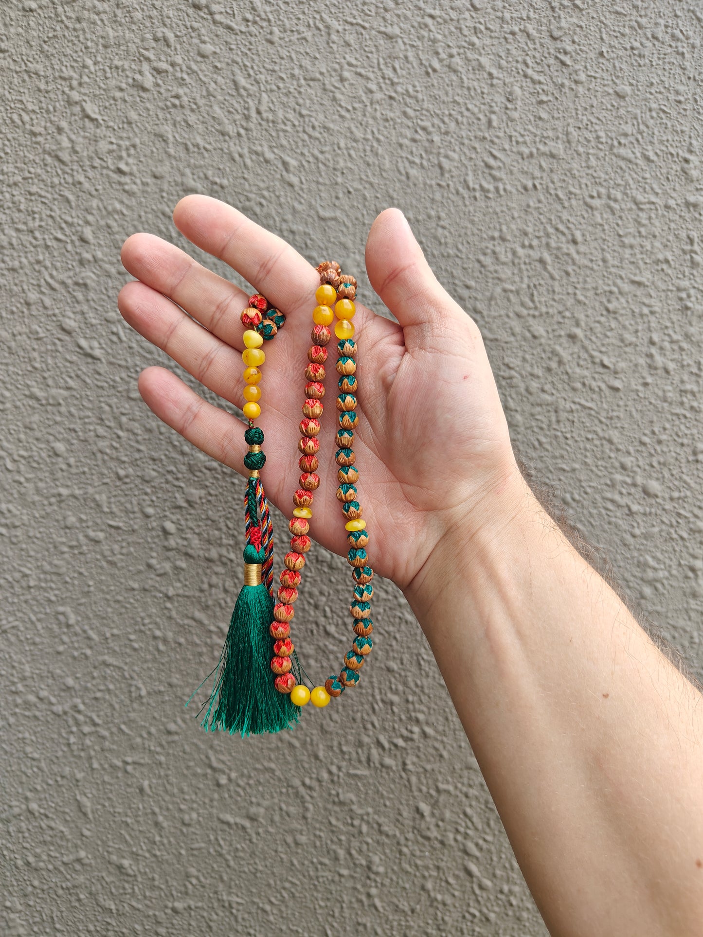 Handcarved Cherry Wood & Aged Butterscotch Amber Tasbih – 66 Beads
