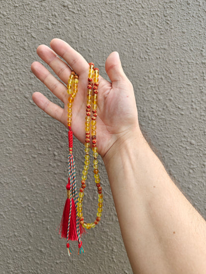 Handpainted Red Cherry Wood & Citron Amber Tasbih – 99 Beads