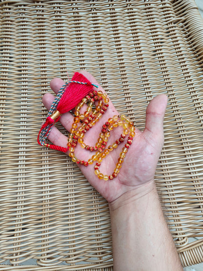 Handpainted Red Cherry Wood & Citron Amber Tasbih – 99 Beads