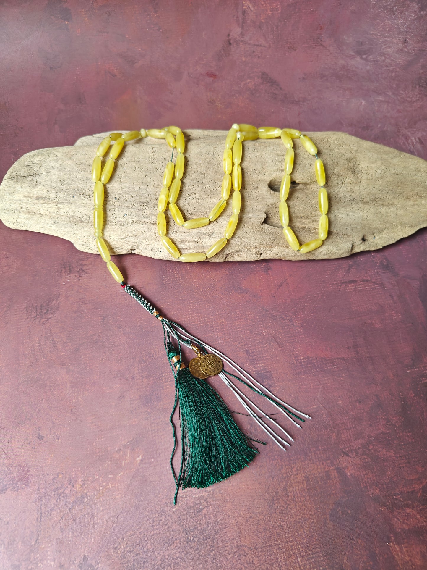 Long Baltic Amber Rosary | 45+2 Semi-Transparent Butterscotch Long Barrel Beads