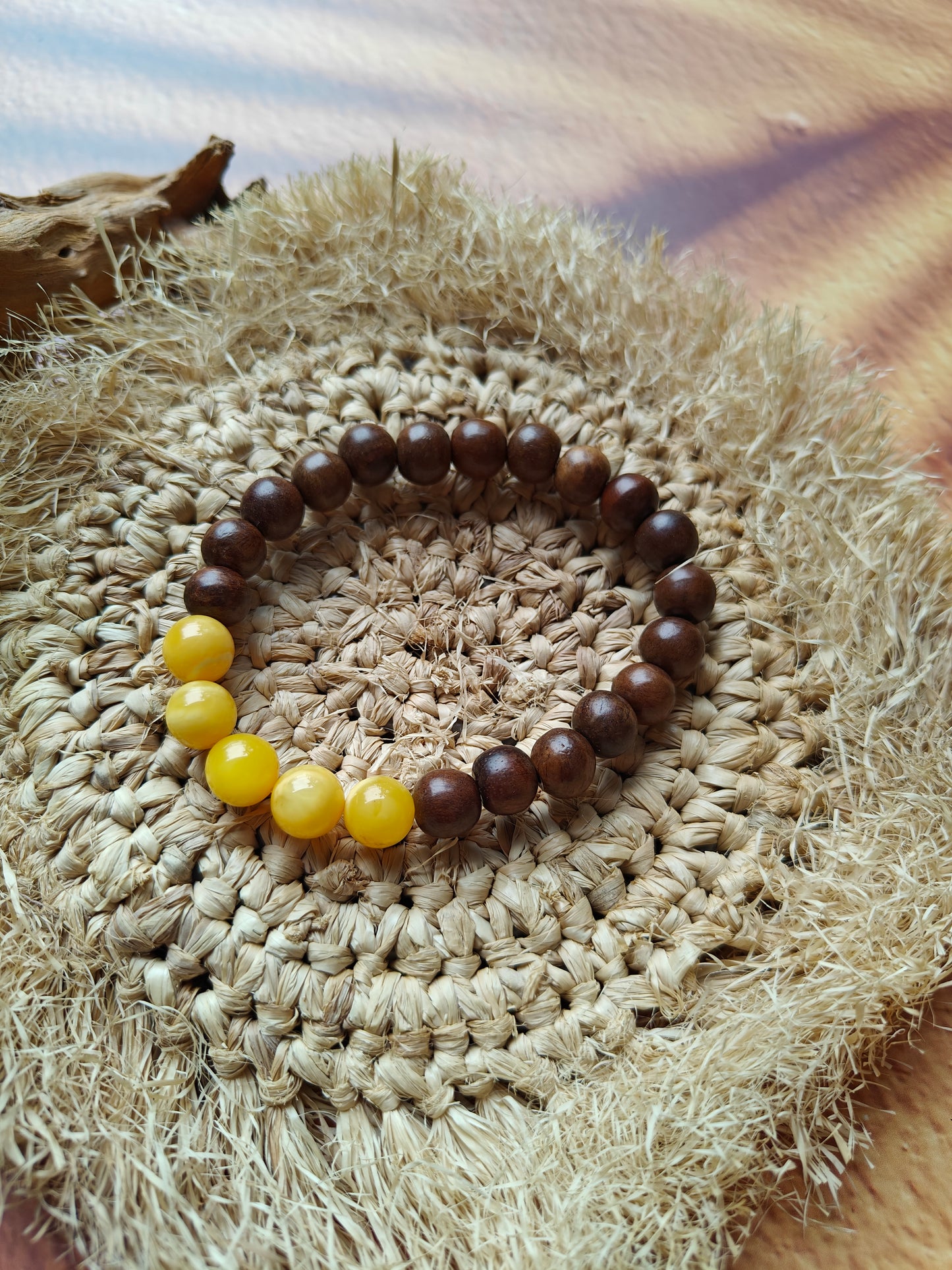 Kokka Seed Wood & Butterscotch Amber Beaded Bracelet