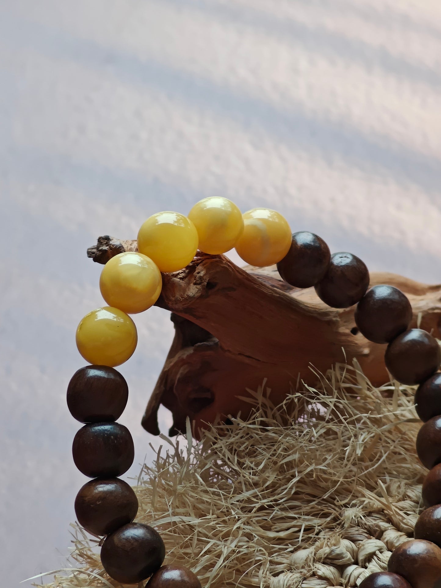 Kokka Seed Wood & Butterscotch Amber Beaded Bracelet