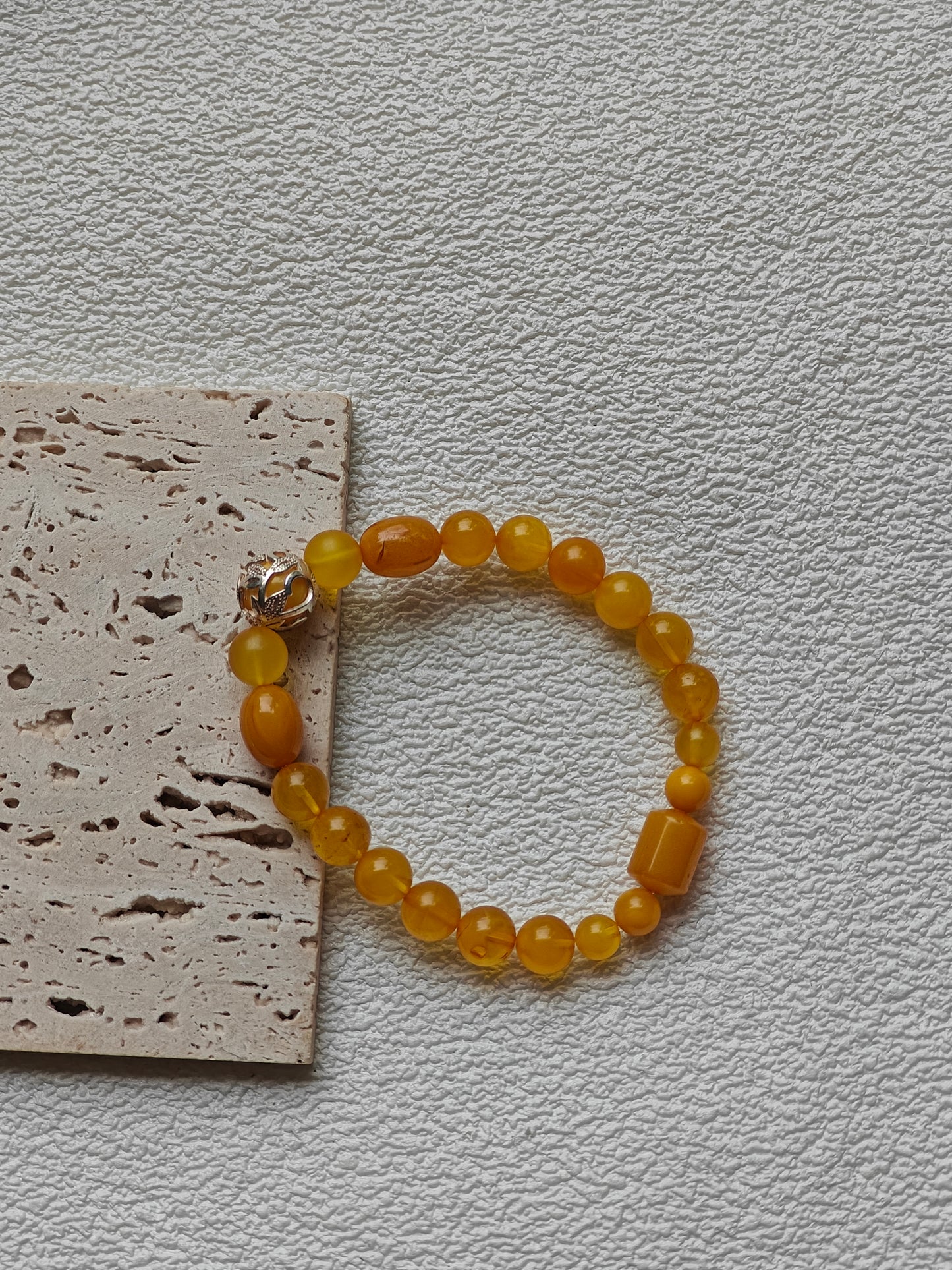Aged Amber Beaded Bracelet with Silver Leaf Accent