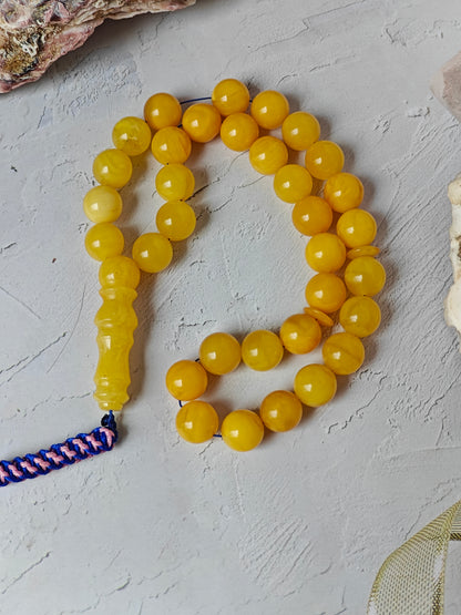 Aged Amber Misbah 33 Beads – 11mm Round, Lightweight Daily Tasbih with Unique Imam