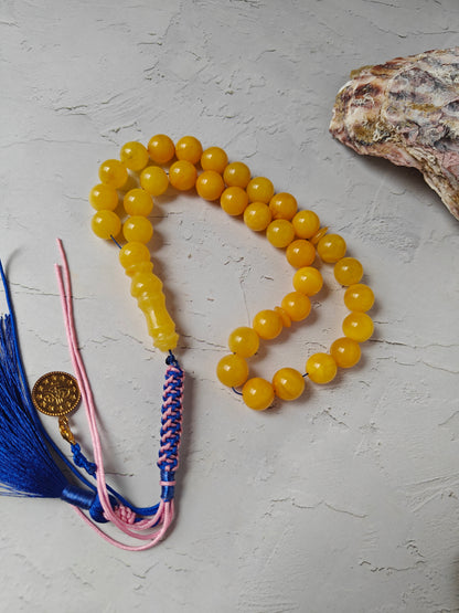 Aged Amber Misbah 33 Beads – 11mm Round, Lightweight Daily Tasbih with Unique Imam