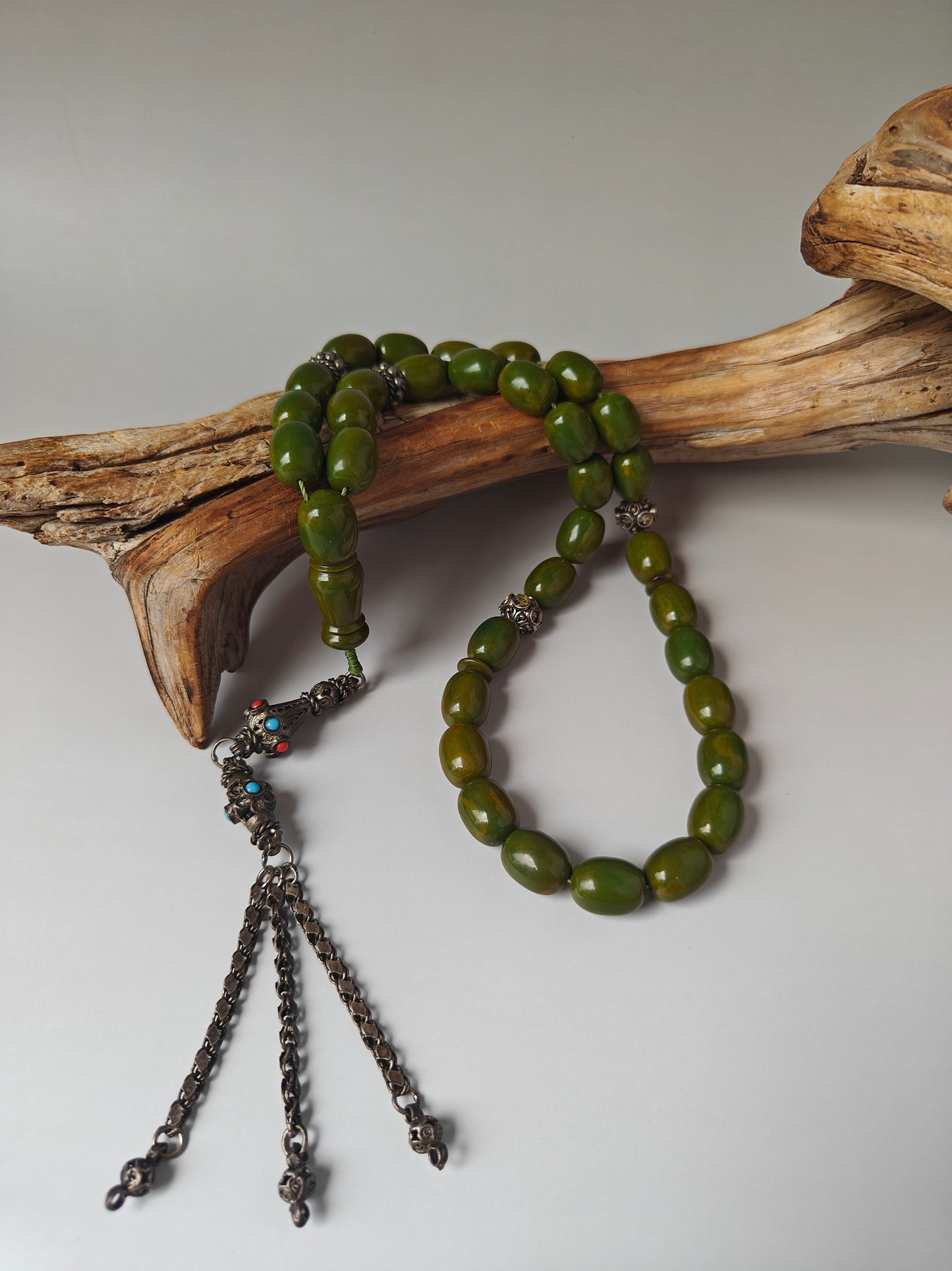 Vintage Green Mango Bakelite Misbah – Barrel Beads, Dark Green Veins, Antique Silver Fringe