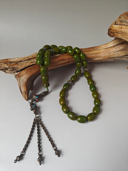 Vintage Green Mango Bakelite Misbah – Barrel Beads, Dark Green Veins, Antique Silver Fringe