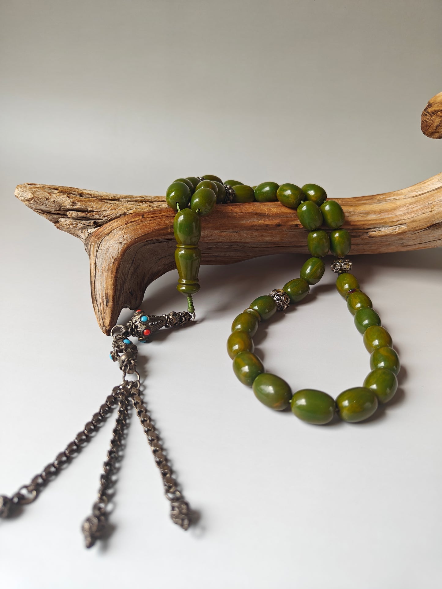 Vintage Green Mango Bakelite Misbah – Barrel Beads, Dark Green Veins, Antique Silver Fringe