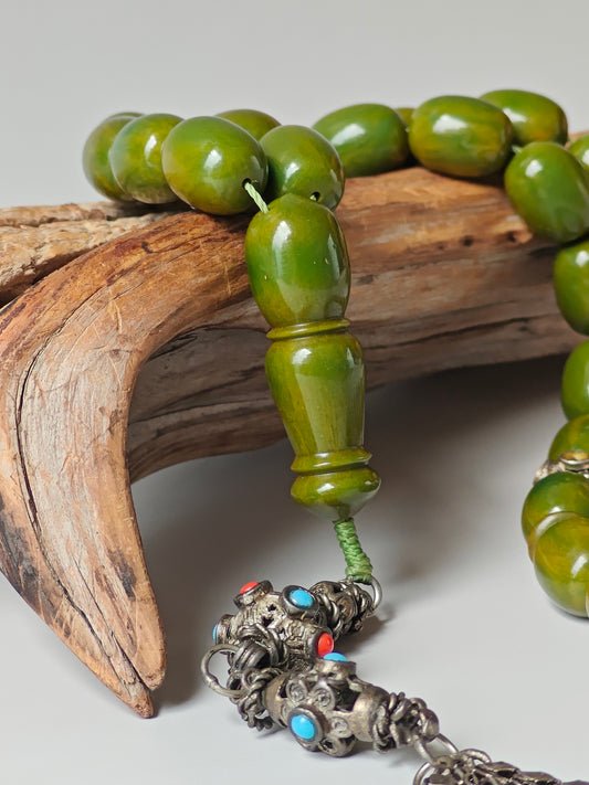 Vintage Green Mango Bakelite Misbah – Barrel Beads, Dark Green Veins, Antique Silver Fringe