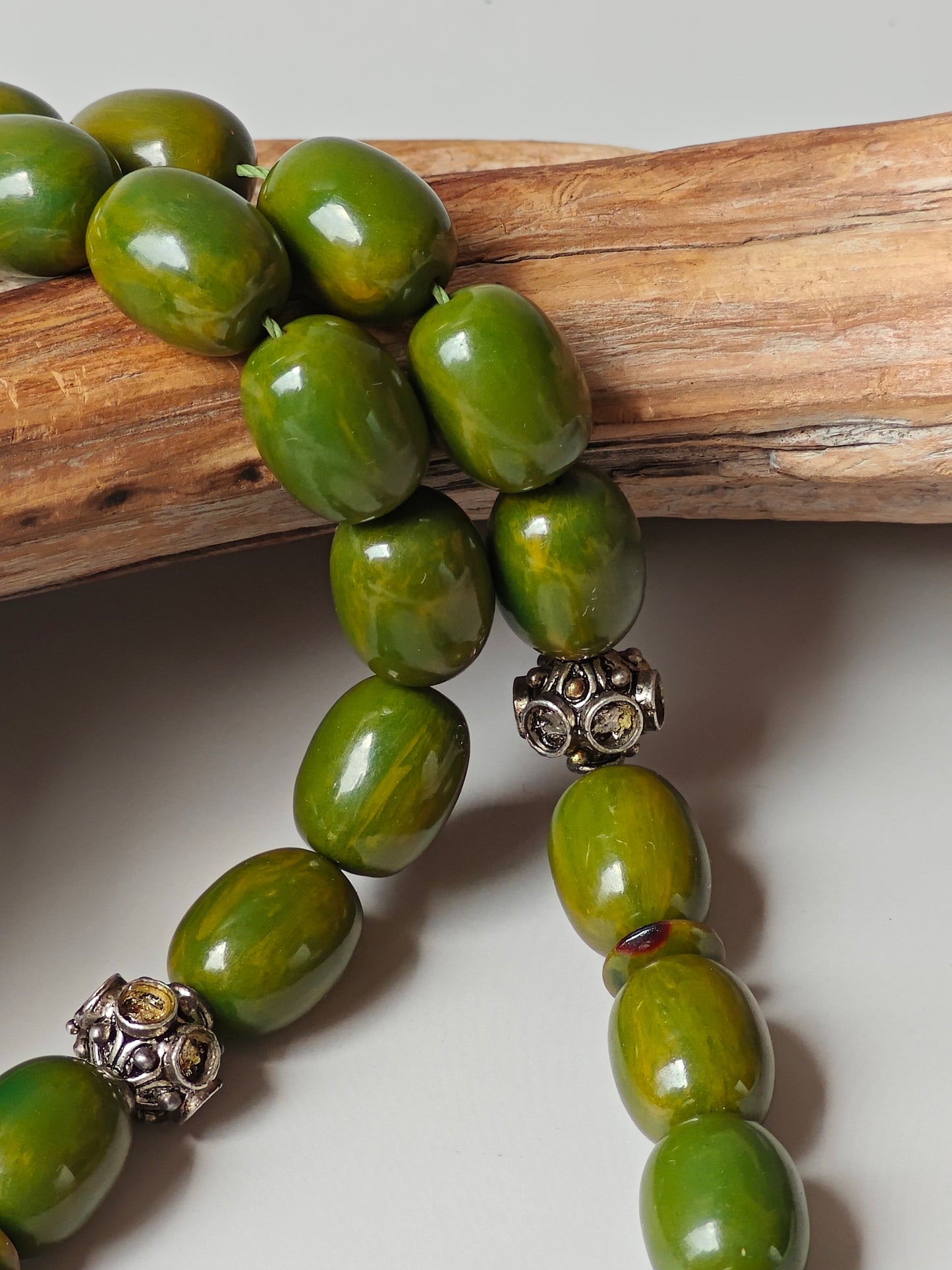 Vintage Green Mango Bakelite Misbah – Barrel Beads, Dark Green Veins, Antique Silver Fringe