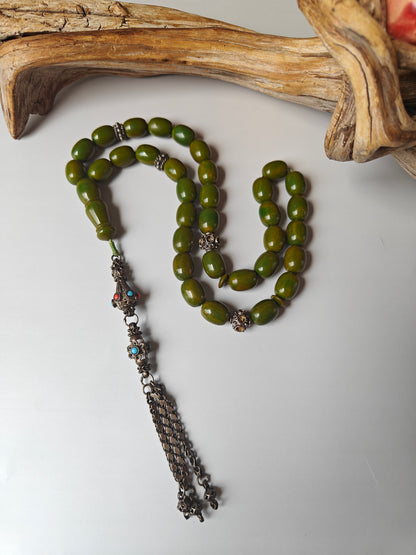 Vintage Green Mango Bakelite Misbah – Barrel Beads, Dark Green Veins, Antique Silver Fringe