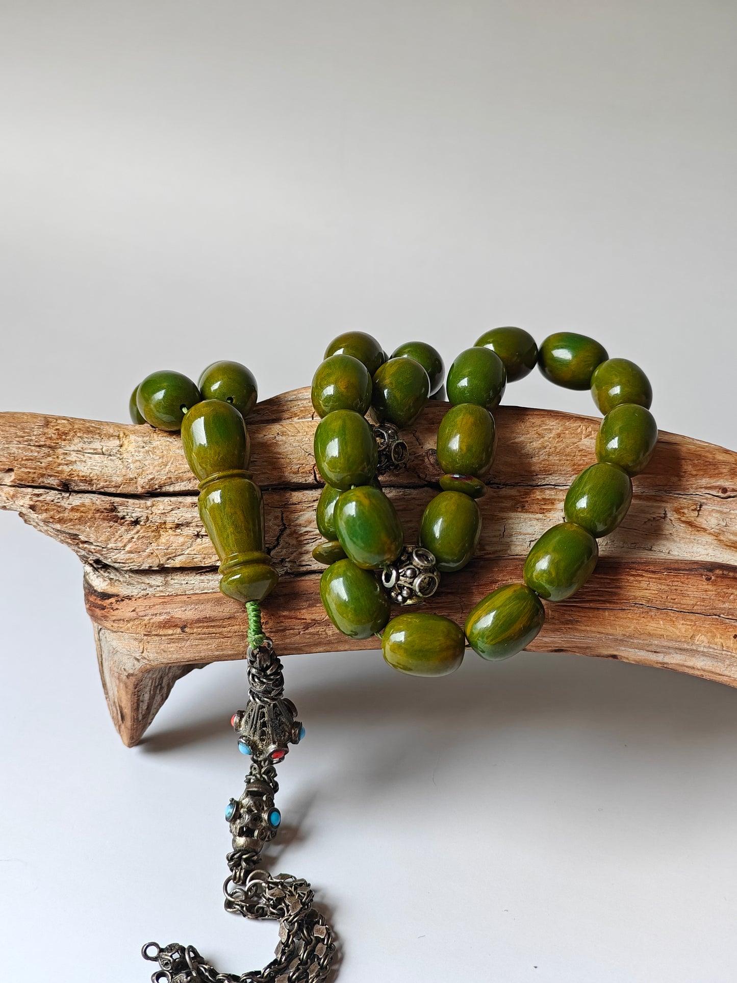 Vintage Green Mango Bakelite Misbah – Barrel Beads, Dark Green Veins, Antique Silver Fringe