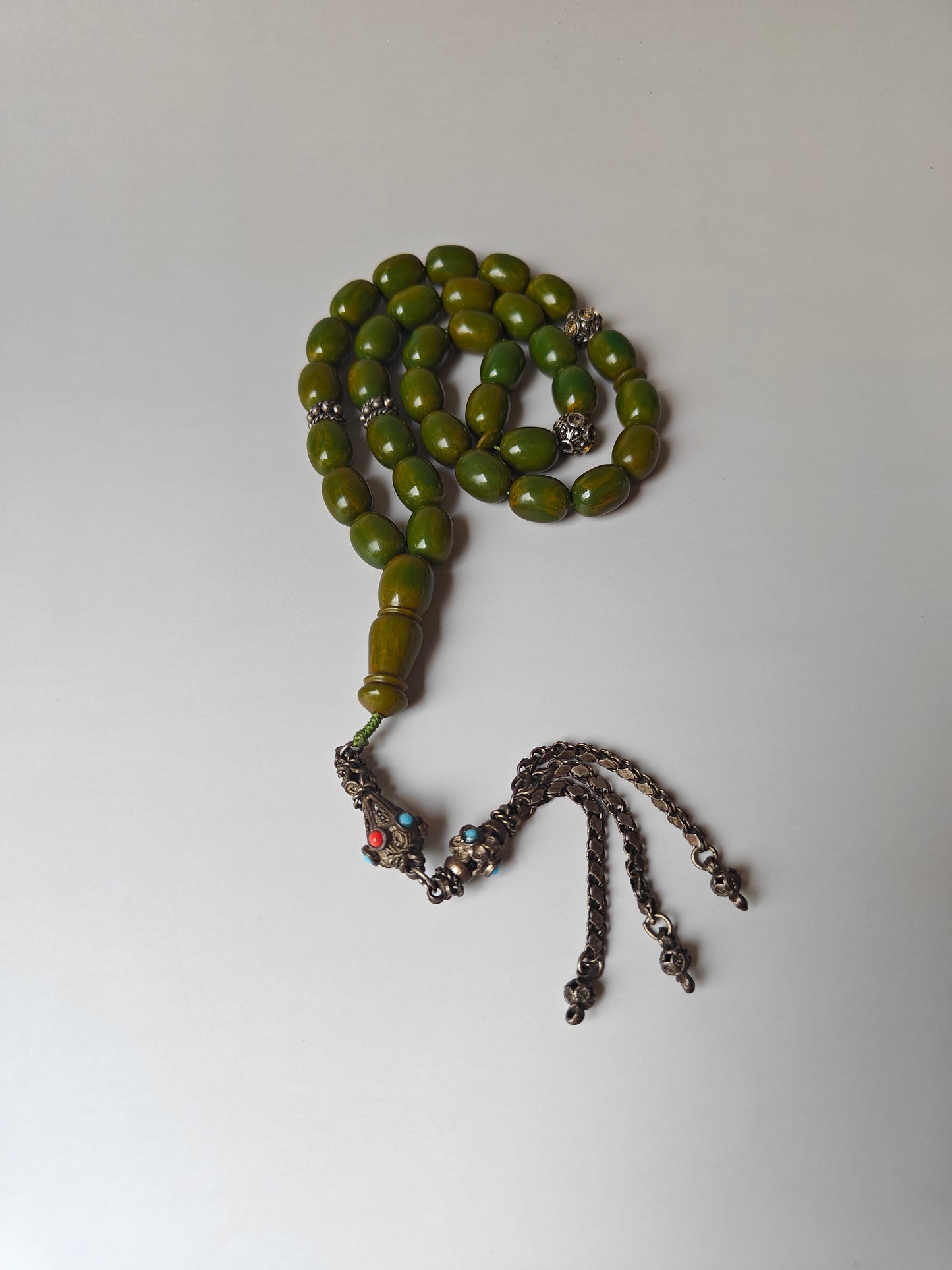 Vintage Green Mango Bakelite Misbah – Barrel Beads, Dark Green Veins, Antique Silver Fringe