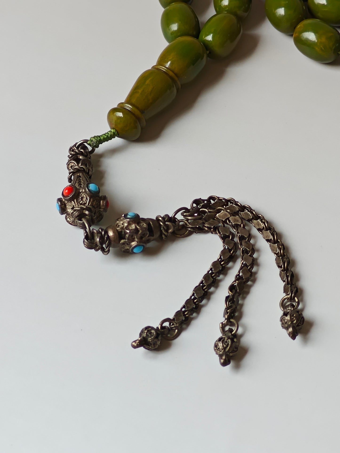 Vintage Green Mango Bakelite Misbah – Barrel Beads, Dark Green Veins, Antique Silver Fringe