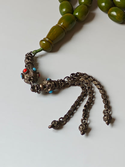 Vintage Green Mango Bakelite Misbah – Barrel Beads, Dark Green Veins, Antique Silver Fringe